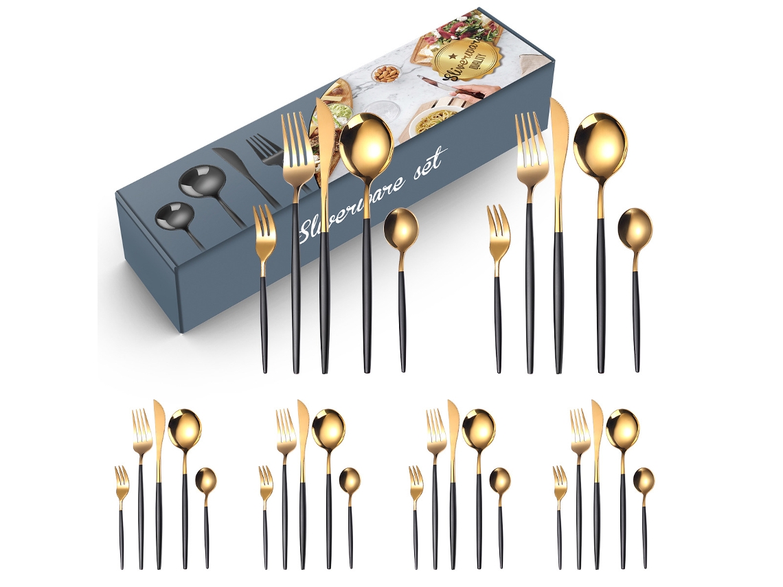 Conjunto de Talheres de Aço Inoxidável 30 Peças-Preto Dourado GERTIZ