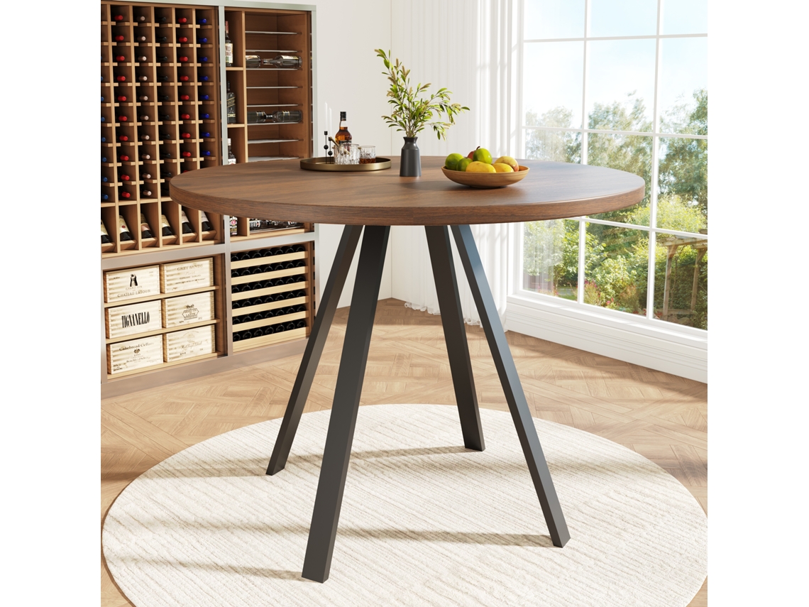Mesa de comedor redonda moderna, base de metal, tablero con efecto madera, estilo marrón (diámetro de 80 cm)