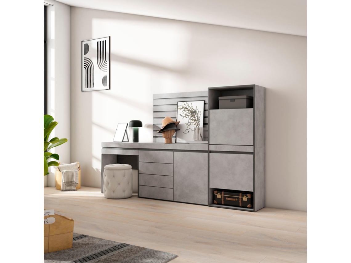 Zapatero, 237x145x35 cm, Dormitorio, habitación, Cómoda, Cajonera, Listones Decorativos, Tocador, Cemento SKRAUT HOME