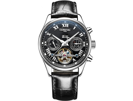 VEANXIN Relojes de pulsera de cuero con diseño hueco y esqueleto automático-negro plata negro