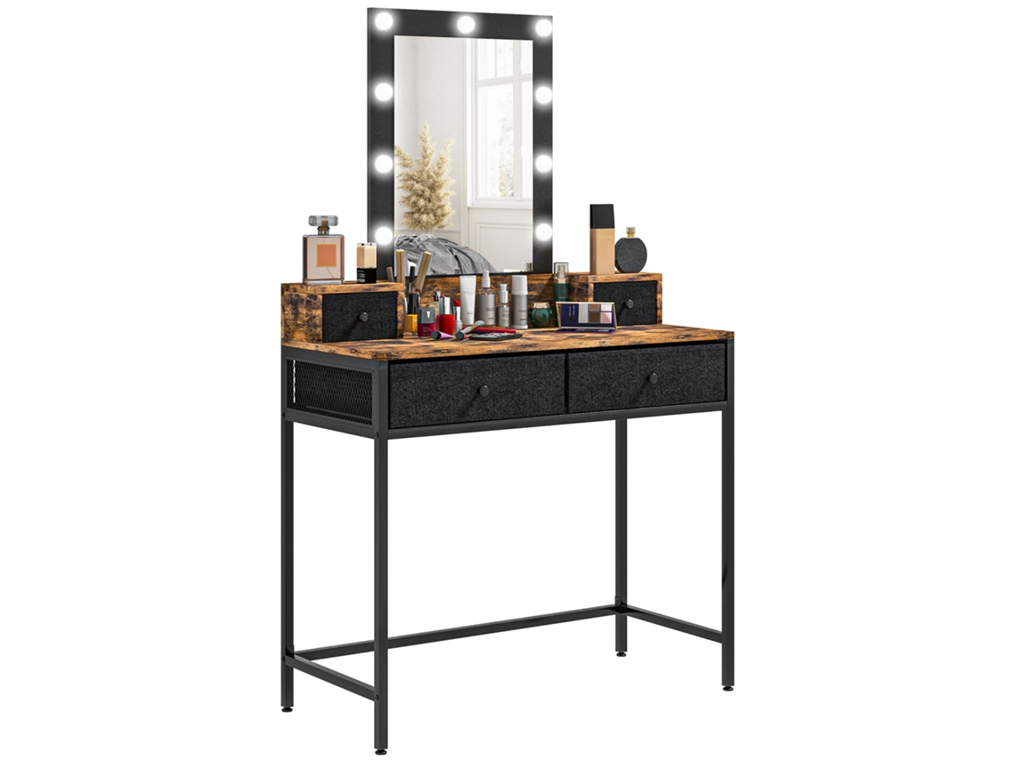 Tocador moderno con espejo LED ajustable, base de metal negro, 4 cajones de tela, acabado en madera oscura CHEZMOI