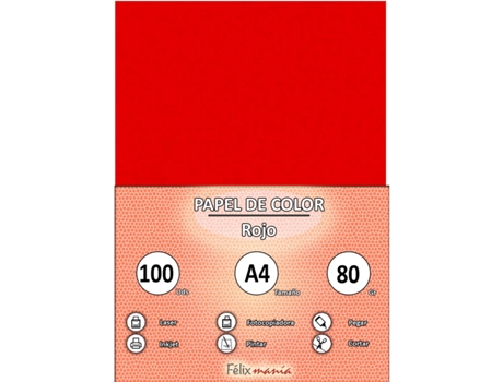 80Gr A4 Papel Rojo 100 Hojas