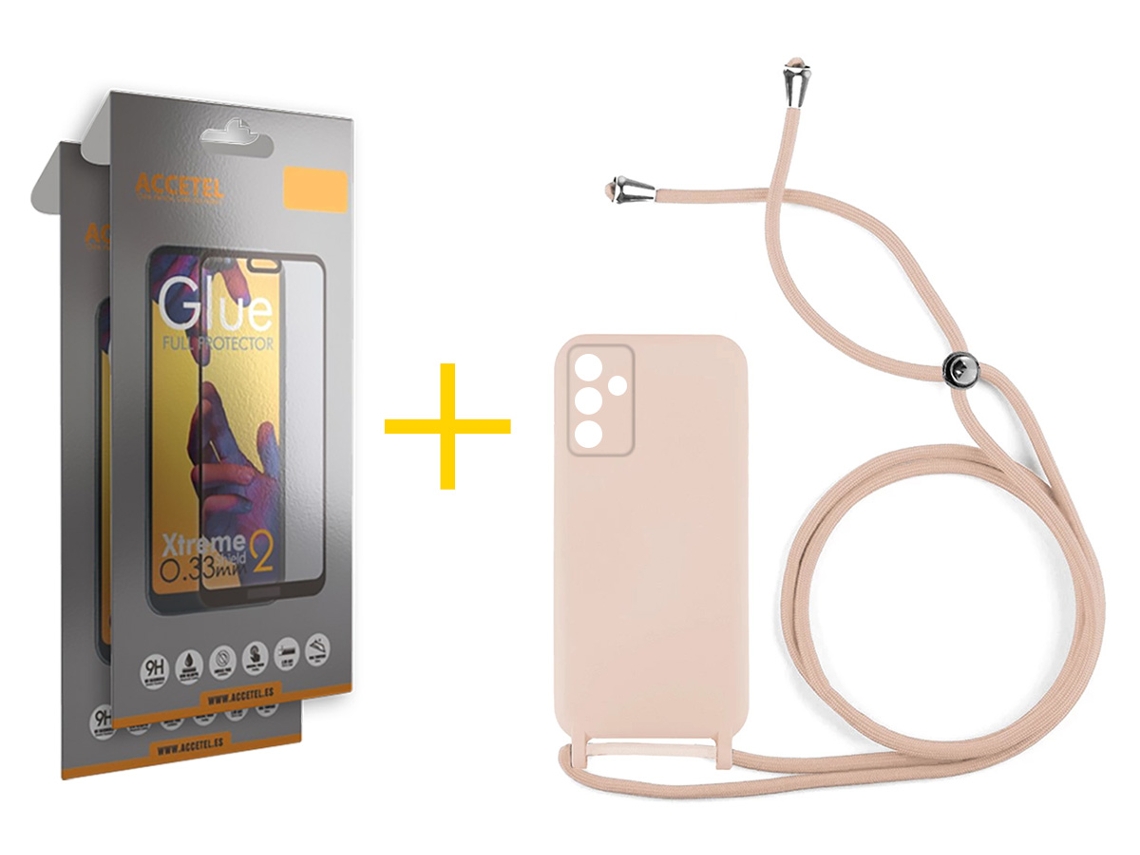 Pack 2 X Película de Vidrio Templado Full + Funda ACCETEL para Samsung Galaxy S25 + 5G (PLUS) Gel con Cordón Rosa Pastel