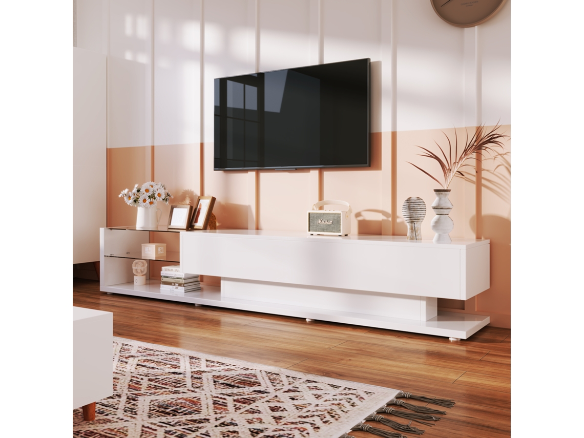 El Mueble De Tv Combina Tonos Blanco Brillante Y Madera. También Incluye Iluminación Led Regulable.