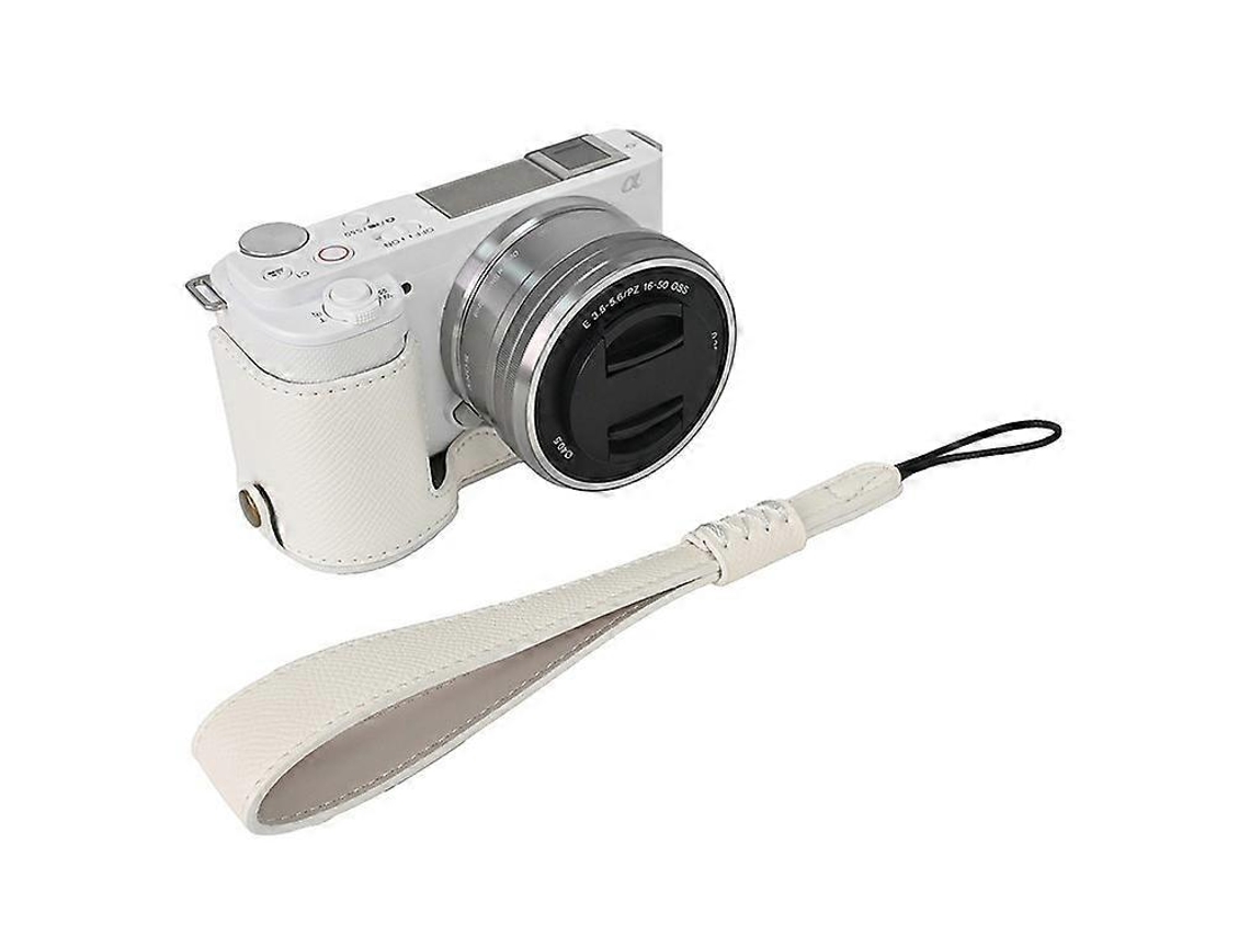 Funda de piel sintética compatible con Sony Zv E10 con apertura para batería y correa para la muñeca Facpoet