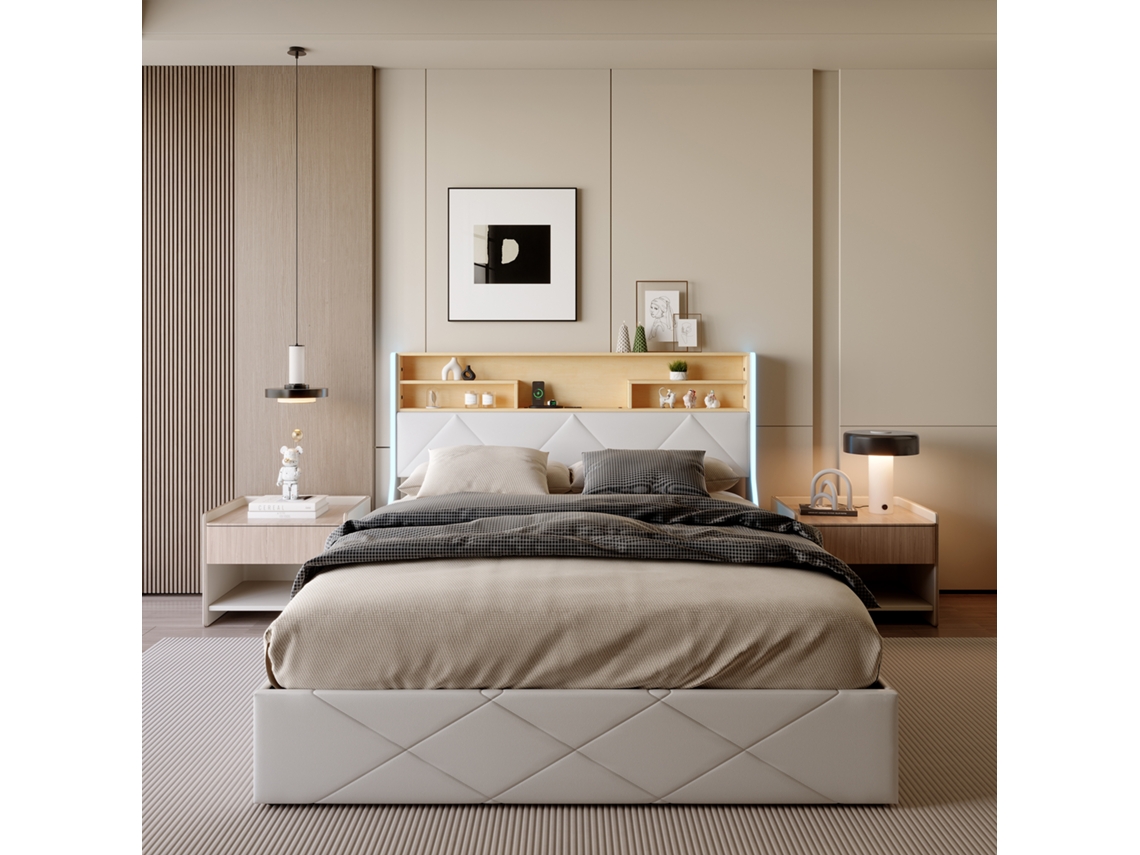 Cama De Matrimonial Queen Size 160x200 Cm Con Almacenaje Hidráulico, Cabecero Led, Usb Y Diseño Geométrico En Cuero Pu Blanco Y Madera De Roble Claro