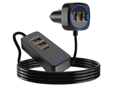 Cargador USB para asiento trasero para automóvil, puerto múltiple con extensión de 5.9 pies, carga rápida de 76 W QC3.0 USB C (negro) CHRONUS