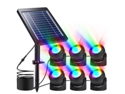 Paquete de 6 luces solares para estanque, RGB, LED, sumergibles, IP68, impermeables, subacuáticas, coloridas, con cabezal ajustable para jardín y patio.