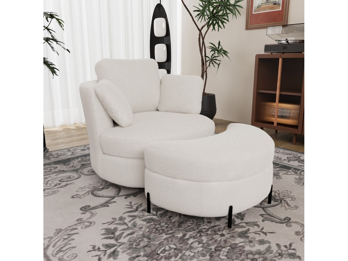 Sillón Moderno Xxl Con Otomana De Almacenamiento, Tapizado En Sherpa Color Marfil Moon Y 3 Cojines.