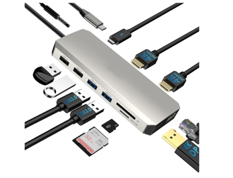 Estación de acoplamiento para computadora portátil Usb C Hub 12 en 1 con adaptador multipuerto de triple monitor con entrada dual Hdmi 4K Dp 100W Pd