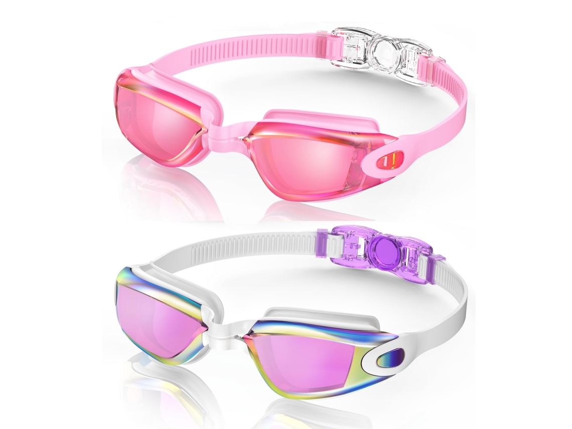 Gafas de natación, paquete de 2 gafas de natación impermeables para adultos (hombre y mujer), color morado, blanco y rosa claro.
