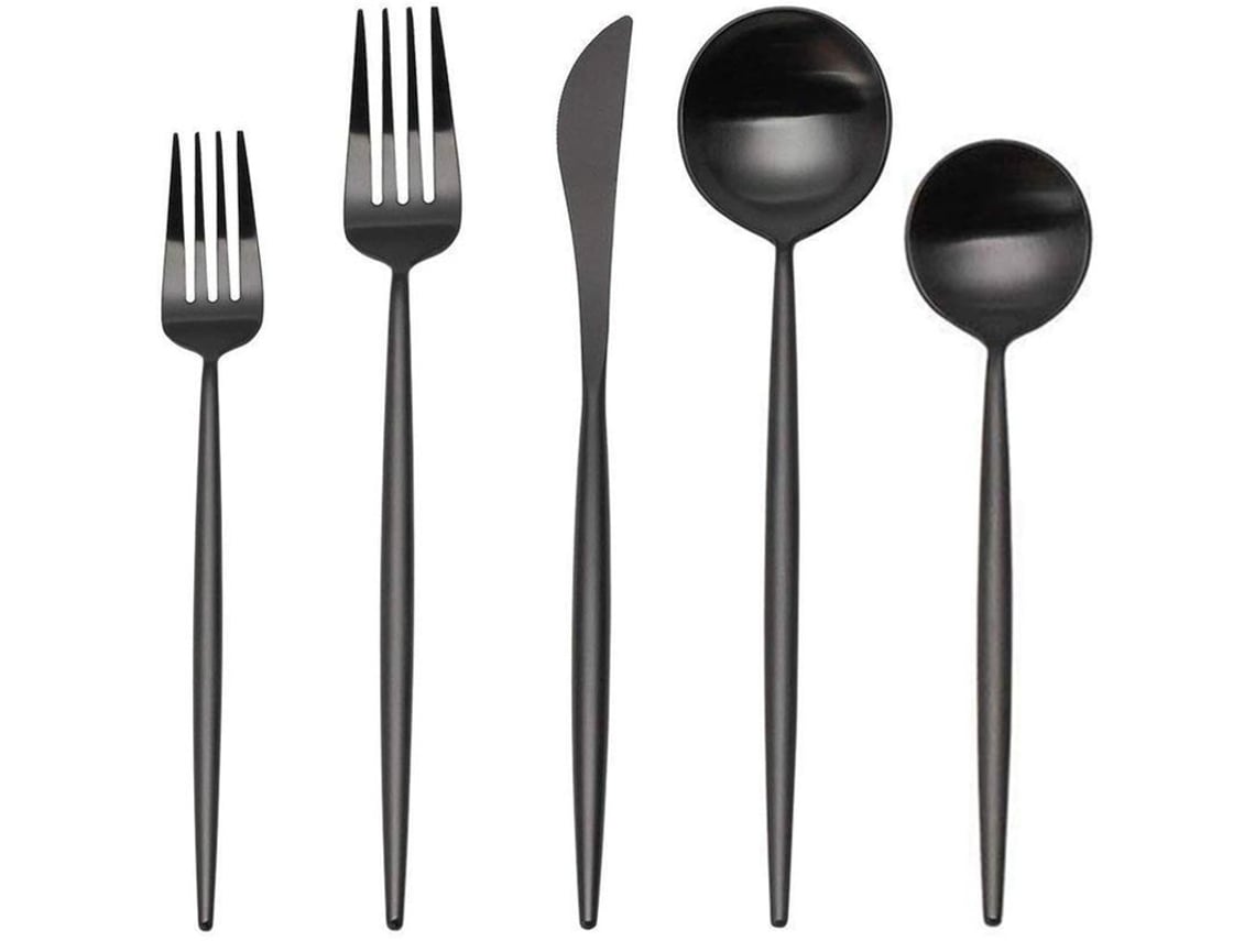 Juego de cubiertos Rebe de 5 piezas en acero inoxidable satinado, diseño elegante, para uso doméstico y en restaurantes, color negro.