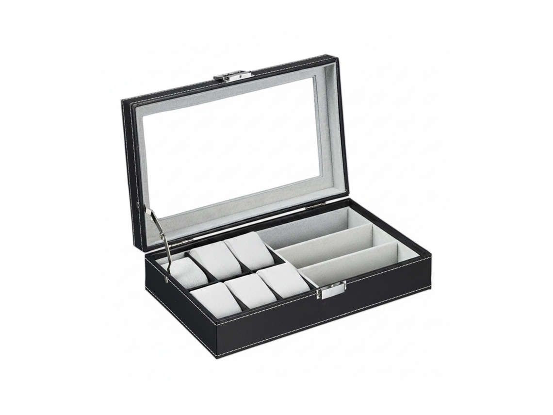 Caja de joyería Relaxdays, de piel sintética, organizador para pulseras, gafas y relojes, Hbt: 9x33x20,5 cm, negra