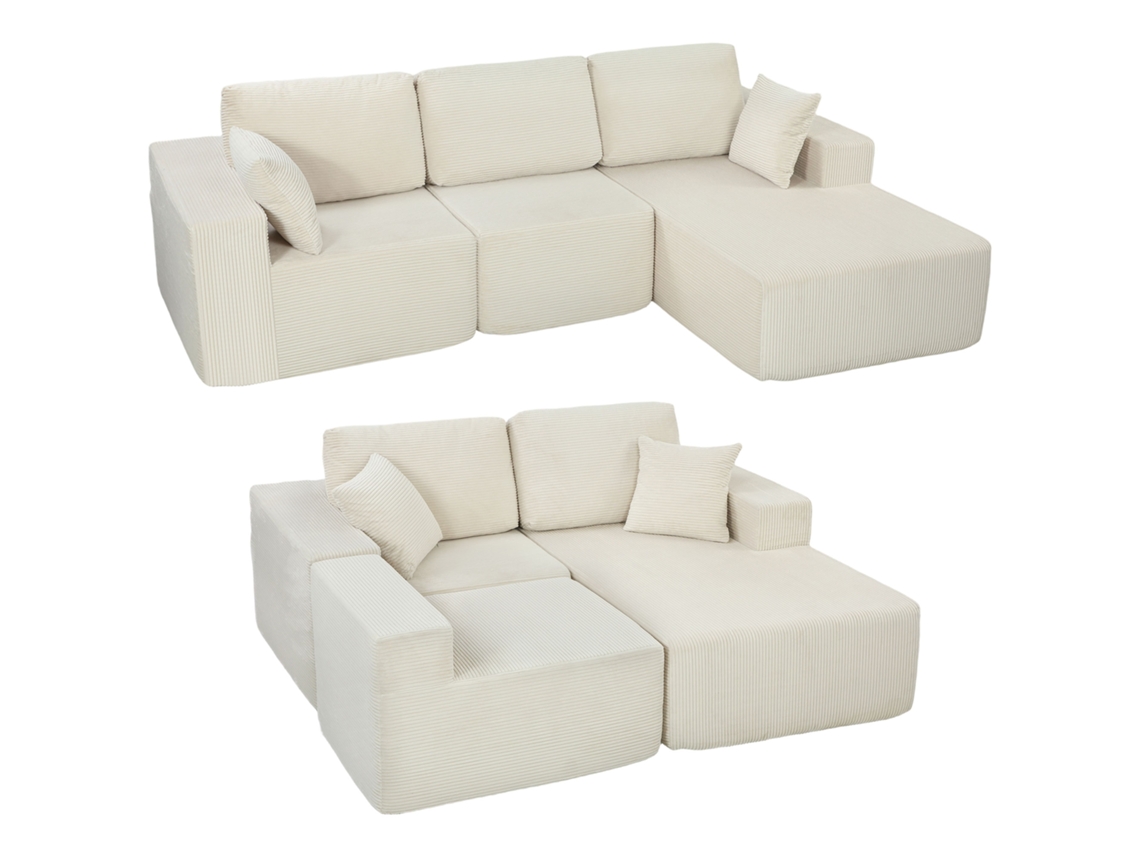 Sofá Esquinero Modular 2 En 1, 267 Cm, Sofá Cama De 3 Plazas En Pana, Asiento Y Reposabrazos Anchos, Color Crema.
