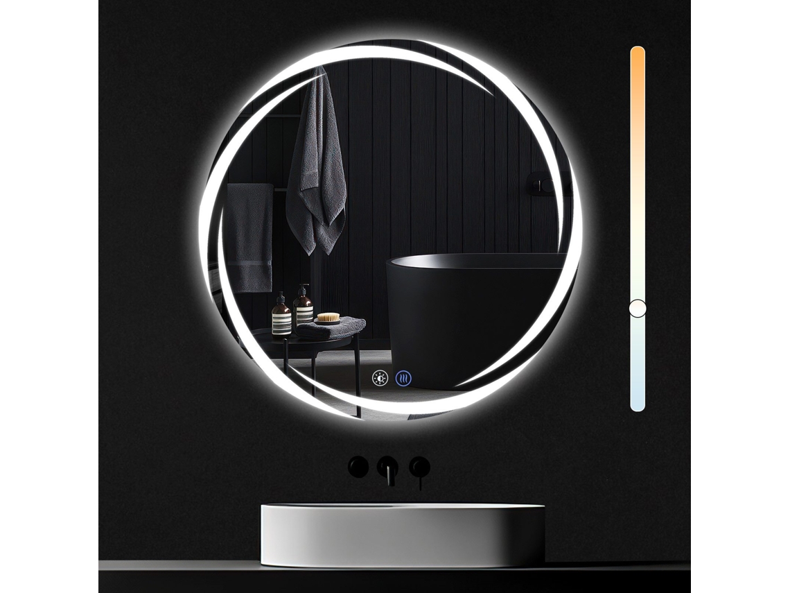 Espejo de baño redondo con luz LED, 80 cm, grado de protección IP44 y tecnología NETTLIFE Touch.