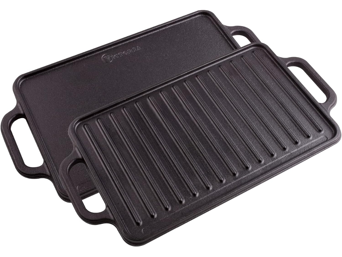 Plancha Cocina Hierro Fundido Curado Parrilla Reversible 33x21cm Para Fuego Barbacoa Sin Ptfe Victoria 36058 Negro