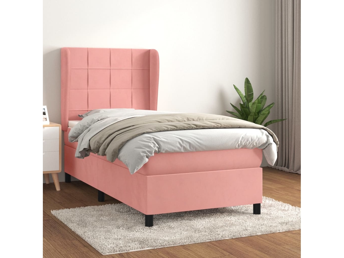 Cama Box Spring Con Colchón Terciopelo Rosa 100x200 Cm