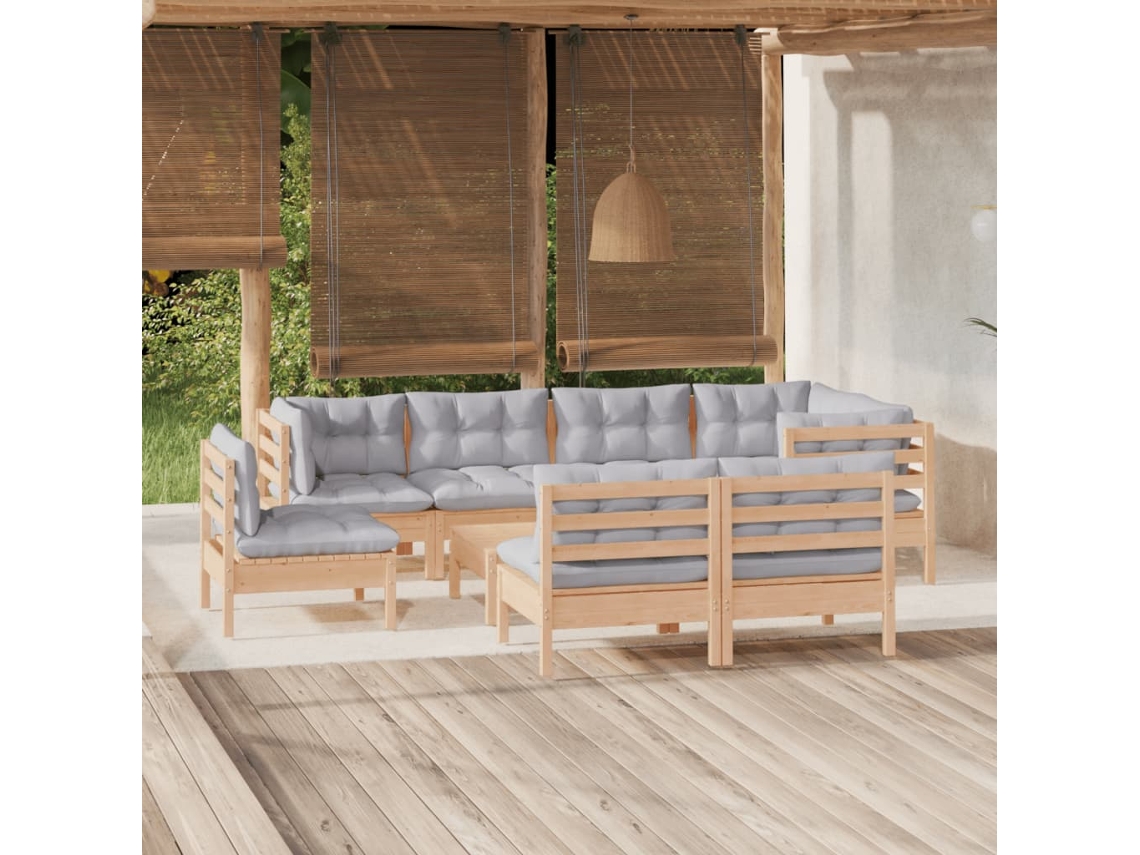 Conjunto de jardín de 9 piezas con cojines de pino macizo gris DKD Home Decor