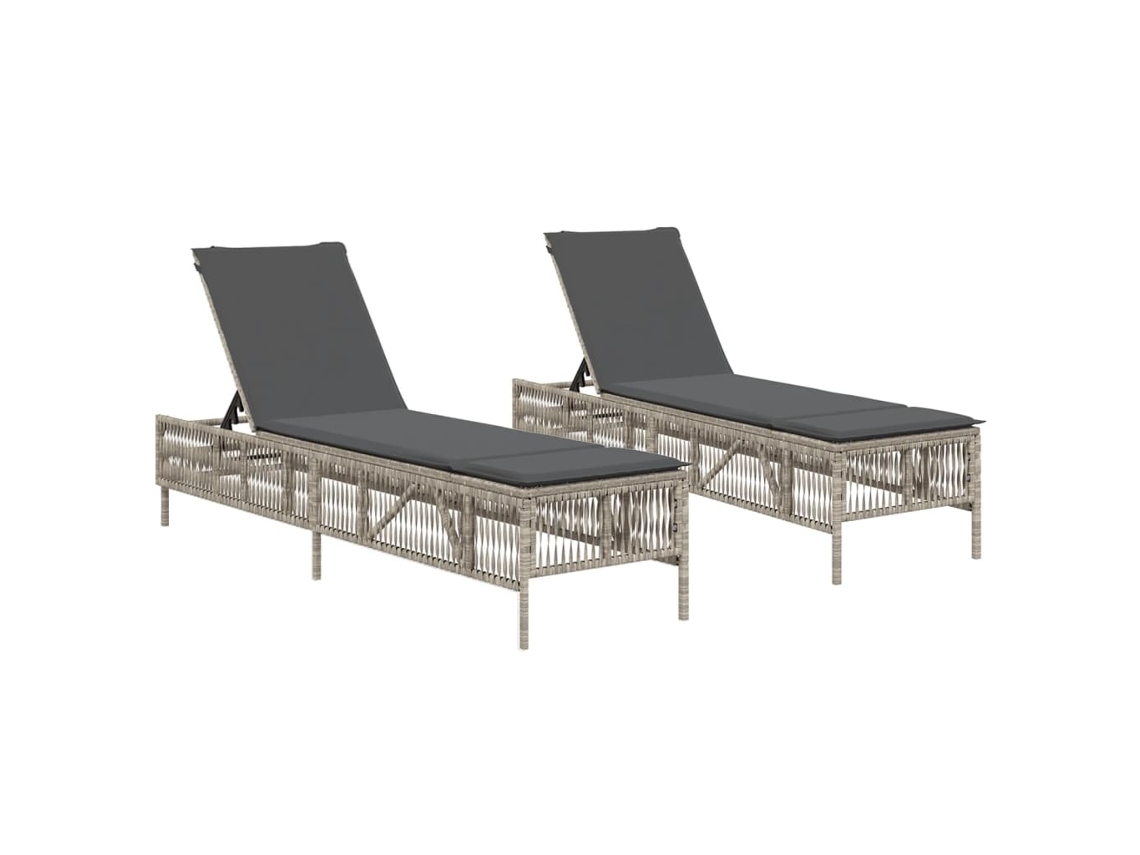 Conjunto de chaise longue de mimbre de 2 piezas con cojines, gris claro, EXCLUSIVO DE LA CASA