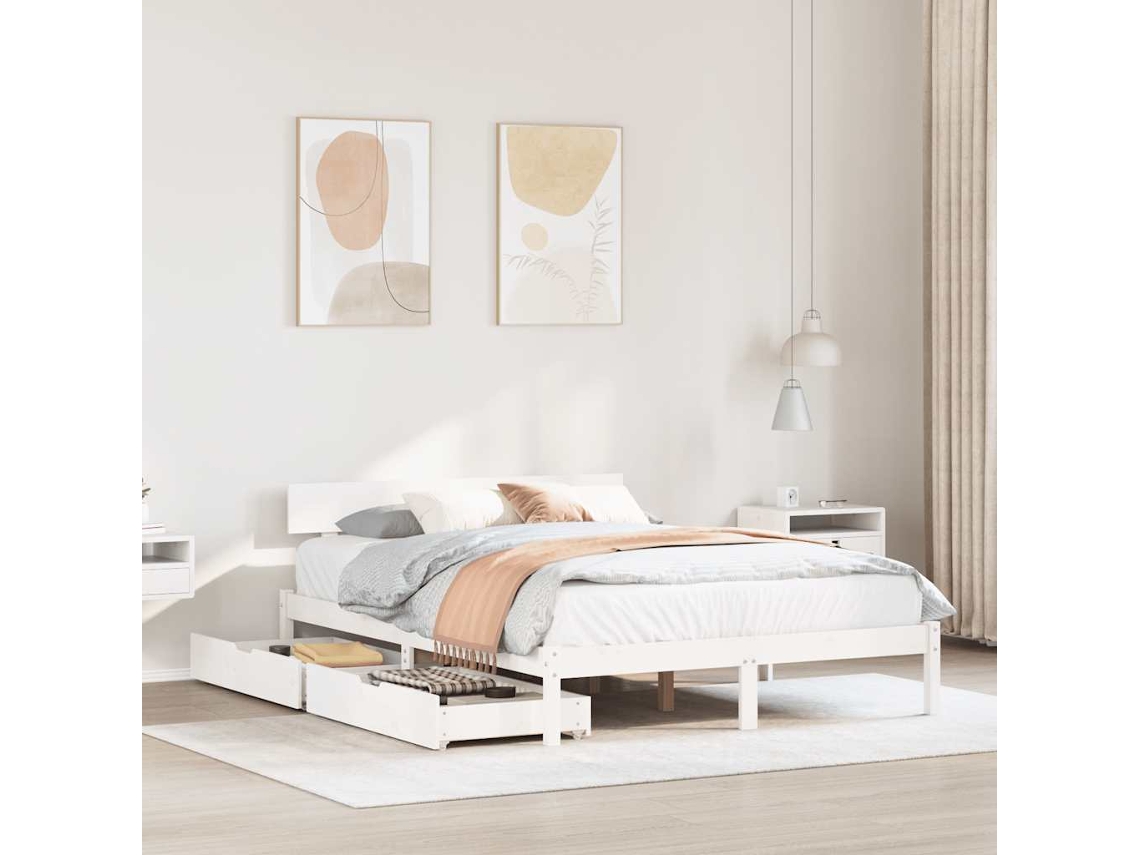 Estructura De Cama Sin Colchón Madera De Pino Blanca 140x190 Cm