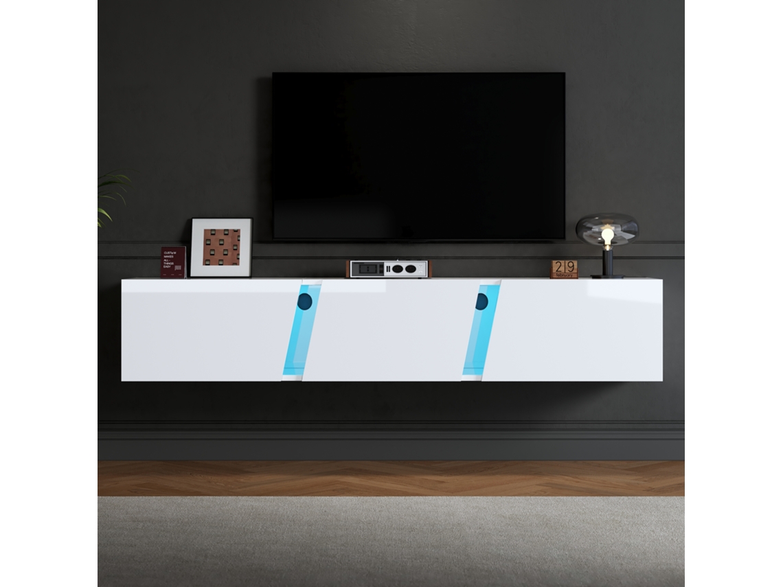 Mueble de TV de pared de 180 x 35 x 30 cm con LED, 3 puertas, para televisores de hasta 75 pulgadas, lacado en blanco.