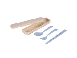 Juego de cubiertos portátiles de 3 piezas: cuchara, tenedor y palillos de paja de trigo con estuche de viaje (azul)