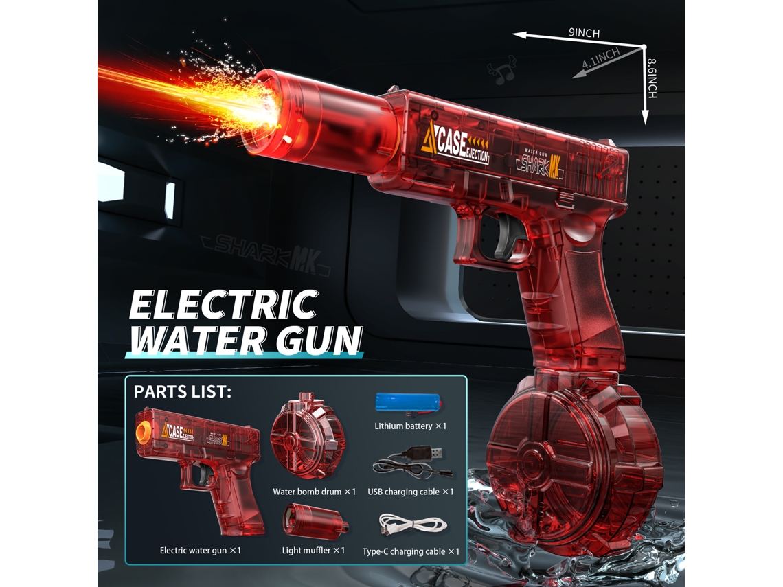 Pistola de agua eléctrica de juguete para niños con simulación de lanzamiento y retroceso, con luz y sensor automático. Mdug (roja)