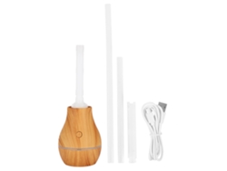 Humidificador portátil de agua en botella, vapor frío, USB, con luz y textura de madera.