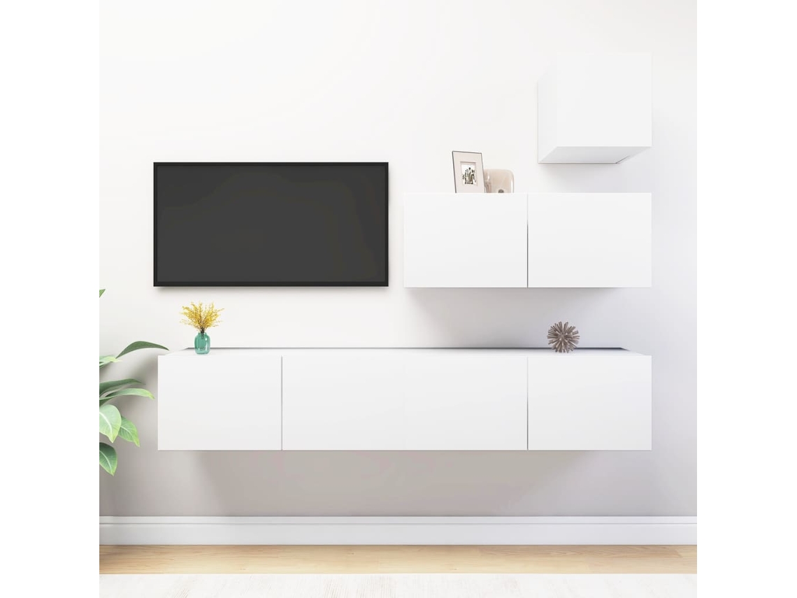 Conjunto de 4 muebles de TV con derivados de madera, blanco, DKD HOME DECOR