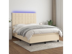 Cama Box Spring Colchón Y Luces Led Tela Crema 140x200 Cm