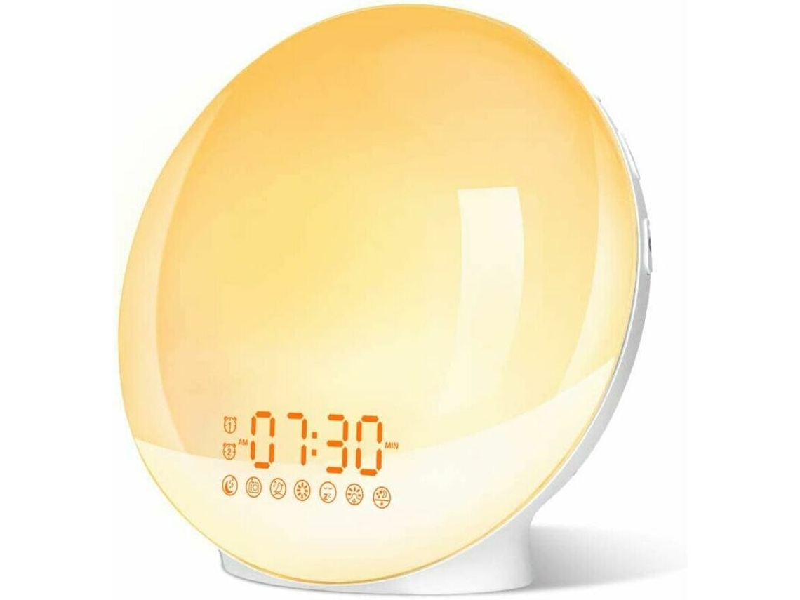 MEOIRUERY Reloj despertador con luz solar y control por voz, 4 alarmas, radio FM, 8 sonidos de la naturaleza, ideal para dormitorios, adolescentes, niños y adul