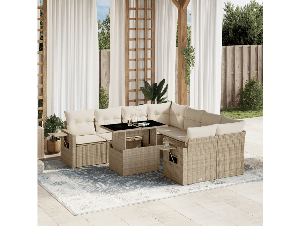 Conjunto de sofá de jardín de 9 piezas con cojines, mimbre sintético beige, Dkd Home Decor