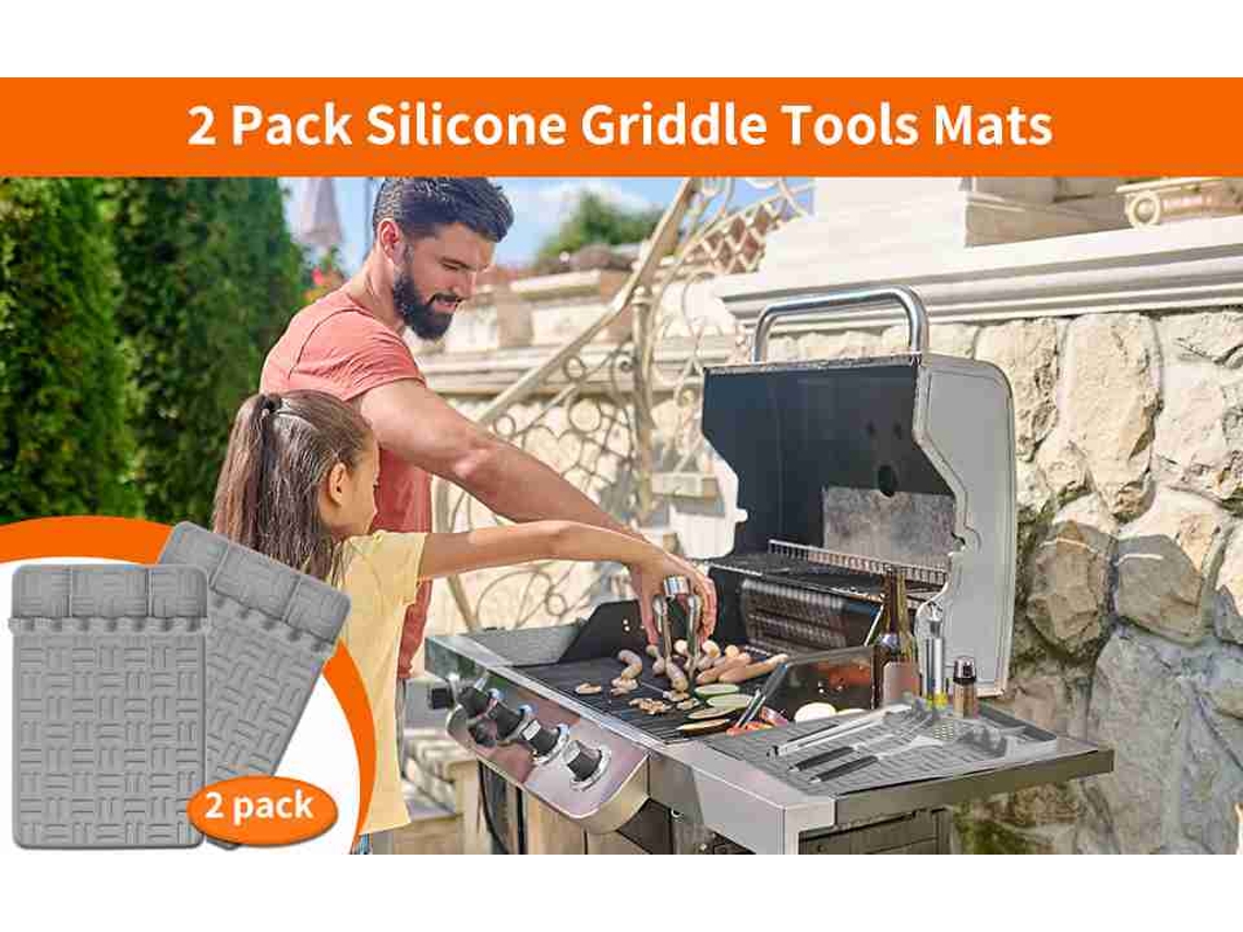2 alfombrillas de silicona para parrilla de exterior, con espátula y almohadilla antigoteo, para encimeras de cocina y parrillas, color gris.
