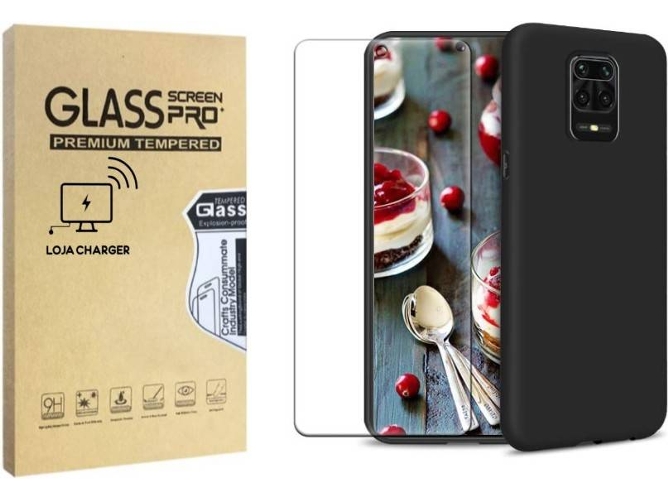 Funda y Protector Cristal Templado Xiaomi Redmi Note 9S LOJA CHARGER Silicona Negro