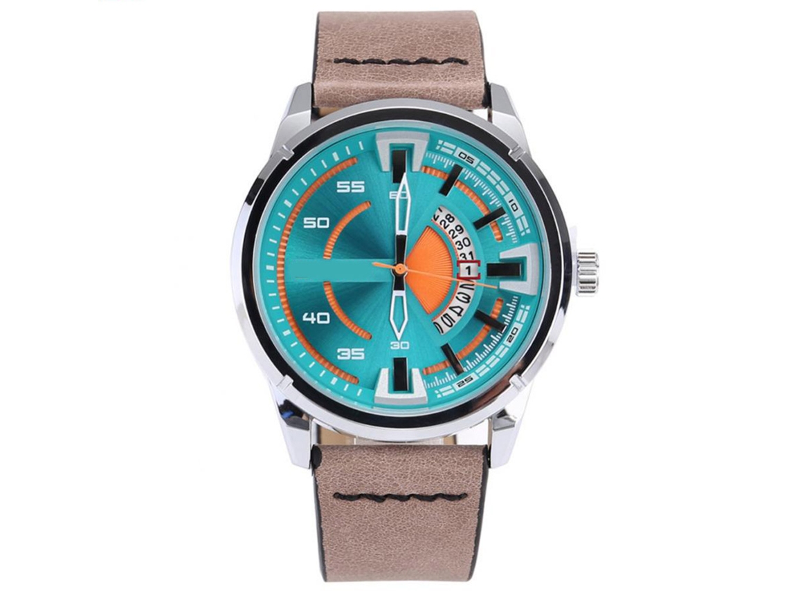 Reloj De Pulsera Hombre Con Calendario Dial Redondo Correa De Cuero Moda 06