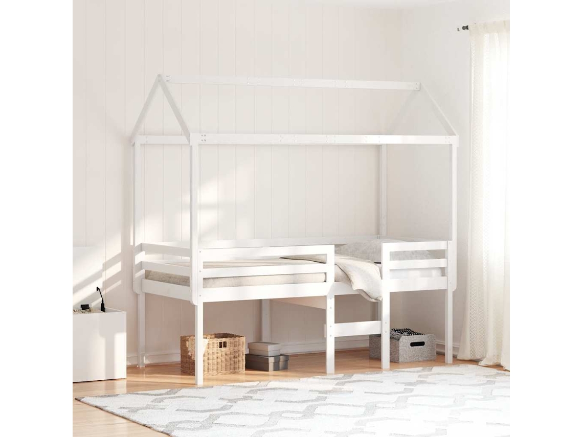 Cama Alta Con Techo Madera Maciza De Pino Blanco 80x200 Cm