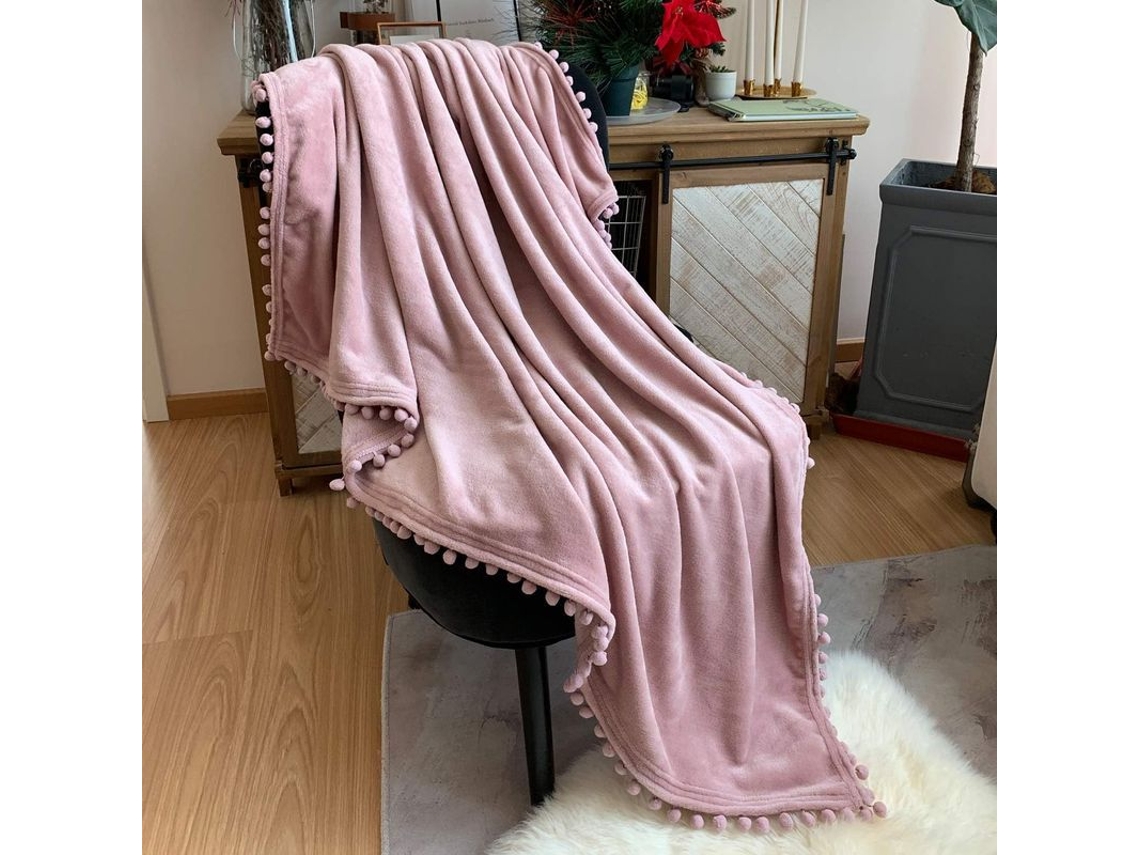 2026-40011-manta Flannel Ligera Con Flecos De Pompom Suave Abrigo Para Sofa Cama Temporada Todas Rosa 51x59 Pulgadas