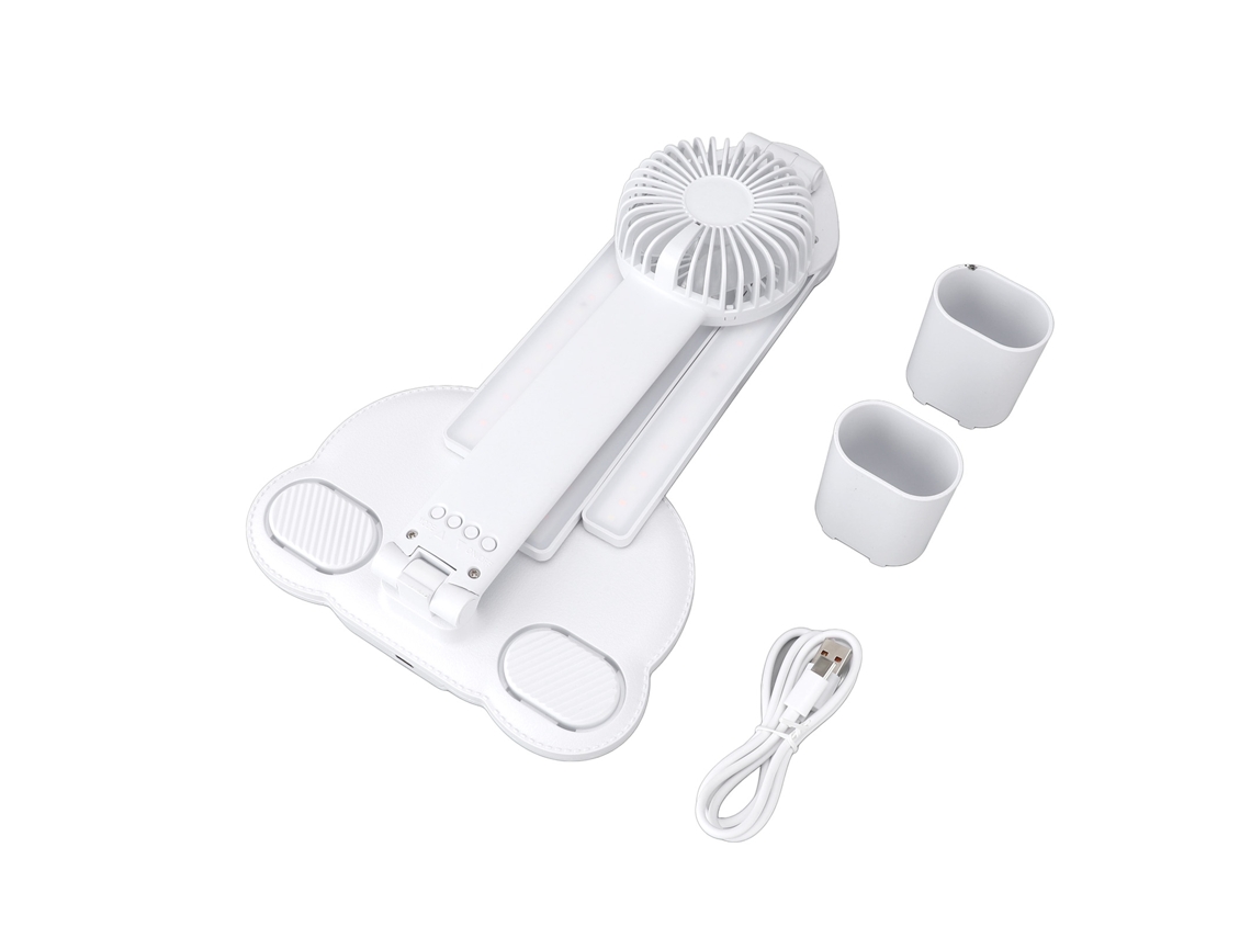 Lámpara de escritorio LED con ventilador, 4 cabezales, control táctil, reloj.
