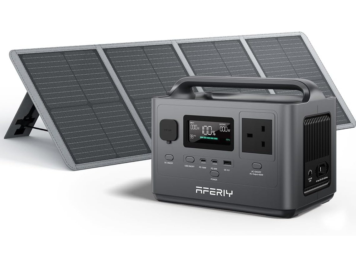 Estación de Energía Portátil 400W con Panel Solar 100W, 256Wh Batería LiFePO4, Carga Rápida 1.5h, 5 Puertos, Onda Sinusoidal Pura 230V, UPS