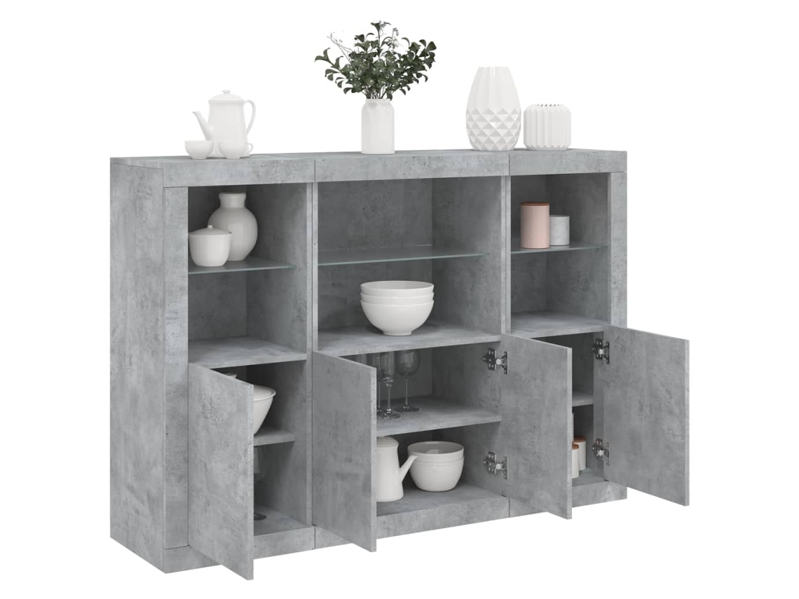 Pack 3 Uds Aparador | Mueble De Comedor | Buffet Con Luz Led Madera De Ingeniería Gris Hormigón Wsd289806