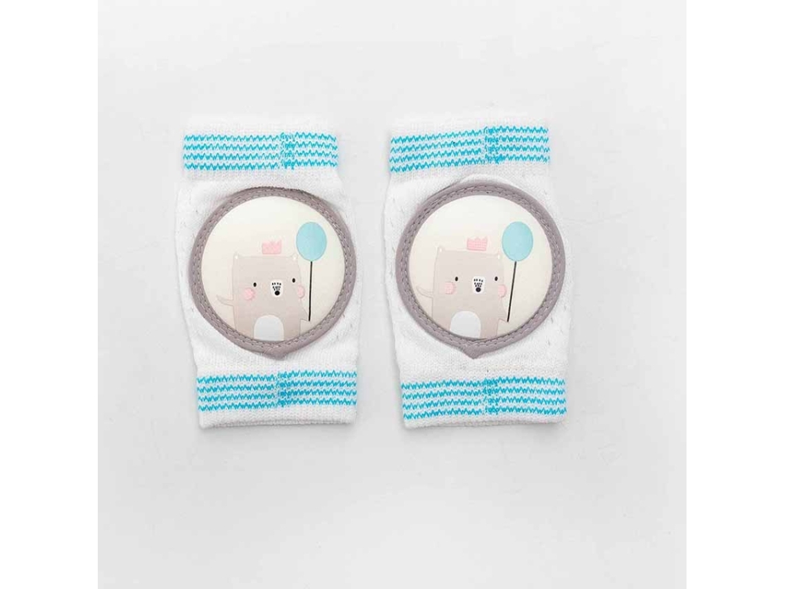 Rodilleras antideslizantes y transpirables para bebés que están aprendiendo a caminar, con diseño de oso globo azul.
