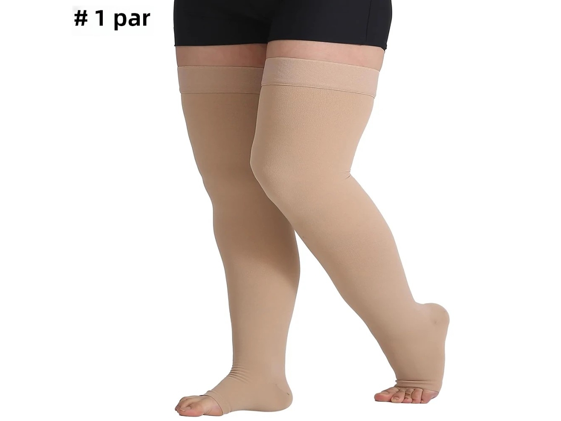 Medias de compresión hasta el muslo con puntera abierta, 20-30 mmHg Mdug (beige, talla S)