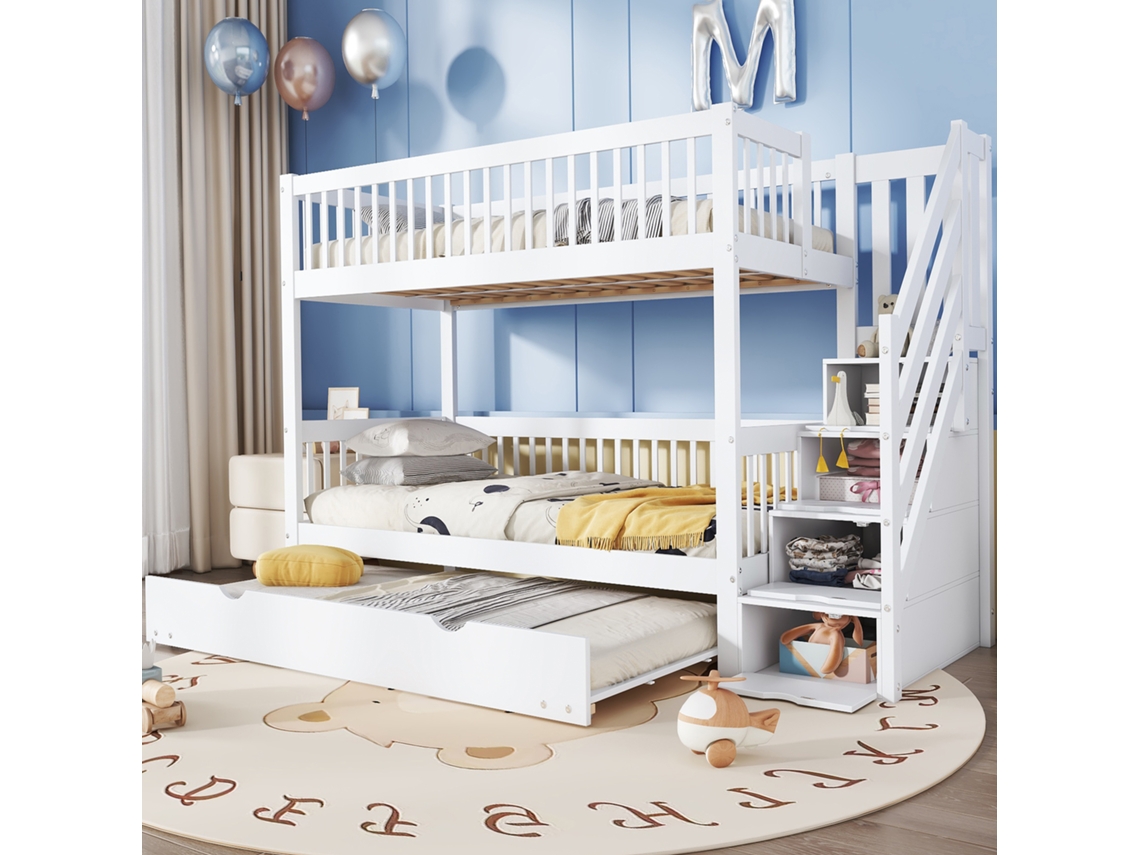 Litera 90x200/190cm Con Cama Nido, Cama Infantil Con Armario Escalera, Pinomdf, Blanco