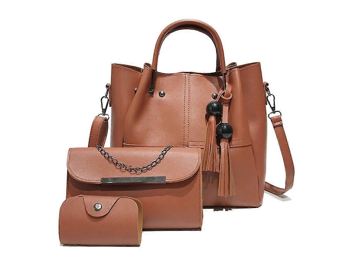 Conjunto de 3 piezas: bolso de mano de piel para mujer con borla, bolso de hombro y bandolera, color marrón.