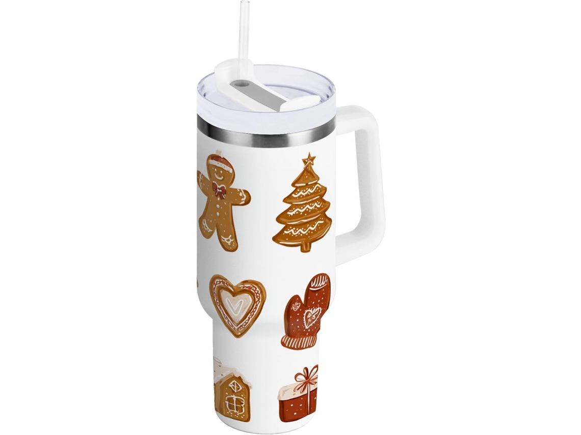 Taza térmica navideña con tapa y pajita, botella de agua de acero inoxidable con asa, sin marca.