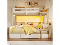 Litera Superior 90x200 Y 140x200 Cm, Led, Estantes Abiertos, Cajón, Seguridad, Sin Colchón, Blanco Natural
