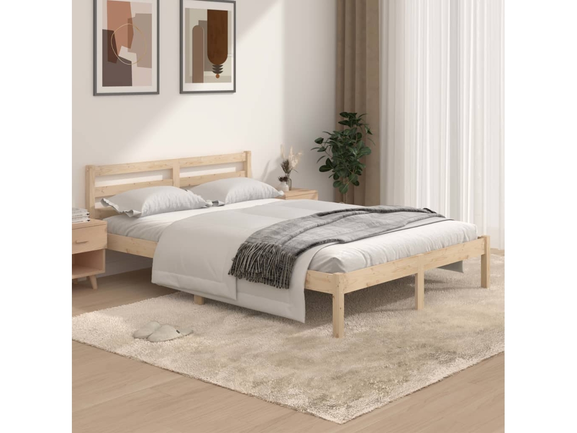 Marco de Cama de Matrimonio Madera de Pino Macizo Marrón (135x190cm)