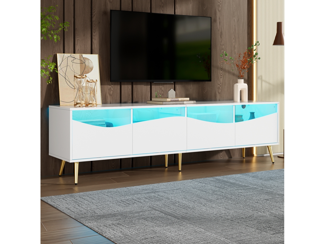 Mueble para TV de nogal, 180x40x50 cm, Bluetooth con LED integrado, cristal templado, patas doradas, con espacio de almacenamiento, para televisores de 65 a 85 pulgadas, blanco.