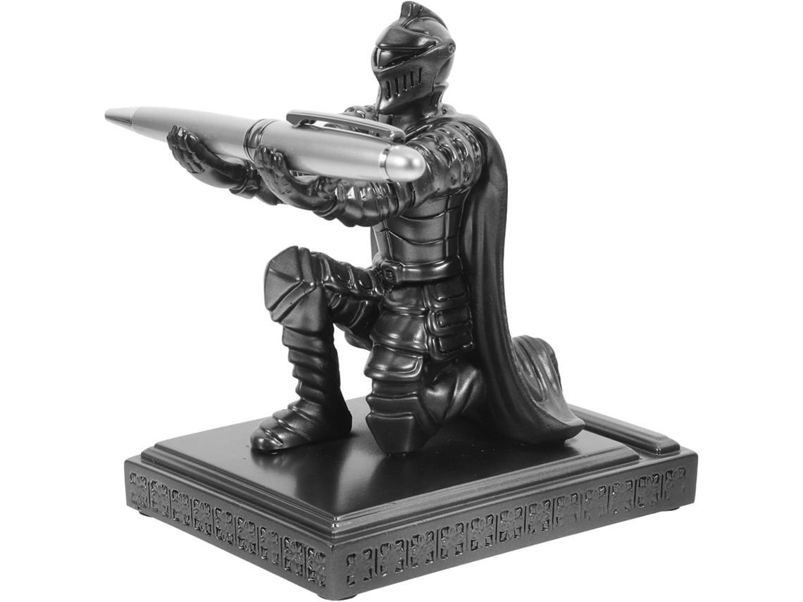 Portalápices De Escritorio Con Forma De Caballero, Resina Plateada, Estatua De Caballero Única.