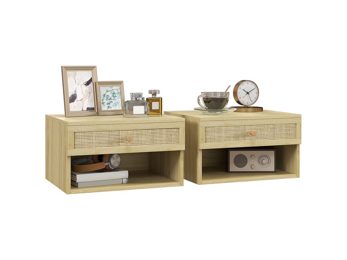 VPMKP - Mesita de noche Homcom con cajones y estantes, madera natural, 47x47x50 cm